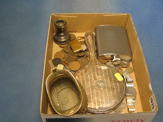 A silver backed hand mirror, a silver plated cream jug and a collection of coins