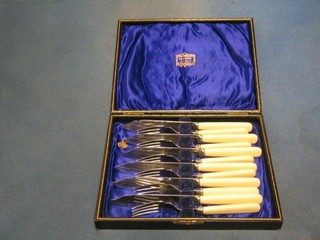 3 sets of 6 silver plated fish knives and forks, cased