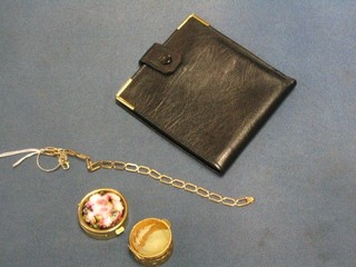 A modern 9ct gold flat curb link bracelet, a dress ring set a white stone, a leather wallet and a circular pill box