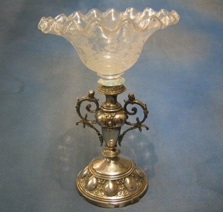 A Victorian silver plated table centre piece with etched glass bowl to the top