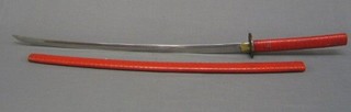 A reproduction Katana with single plain blade, contained in a red scabbard 42"