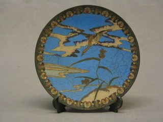A 19th Century circular blue ground cloisonne enamelled plate decorated birds in flight 9"