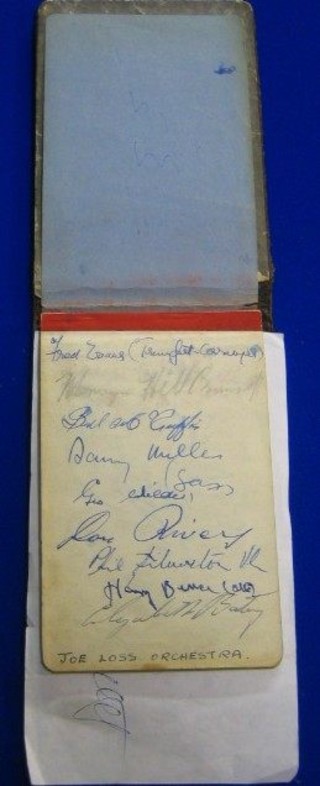 An  autograph album containing Joe Loss's orchestra, Howard Jones, Essex County cricket club and Lincolnshire, Ted Heath's orchestra, Teddy Foster's orchestra Tito Burns sextet, Preston North End Football Club, Tommy  Samson's orchestra, Jack Milburn, South African Touring side of 1951 and others
