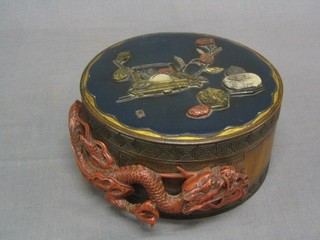 A fine quality 19th Century Oriental carved hard wood and lacquered box, the body carved a dragon, the lid inset semi-precious stones 8" (some damage to dragon and some inlay missing on lid)