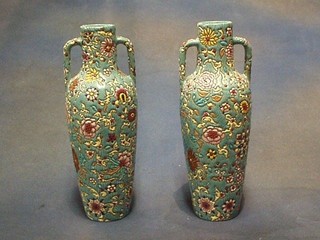 A pair of 19th Century Longwy terracotta twin handled vases 10"