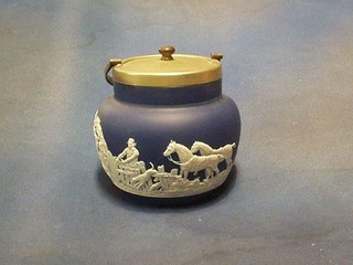 An Adams blue Jasperware style biscuit barrel decorated a hunting scene with plated mounts, the base marked Adams Tunstal England, 5"