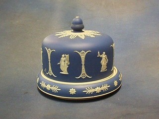 A Wedgwood style circular blue Jasperware cheese dish and cover, the base impressed V 7"