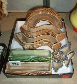 2 rectangular Wade planters in the form of tree stumps 5", 2 shaped do. 6" and a crescent shaped do. 6", a Wade Aquatic dish and a miniature candlestick