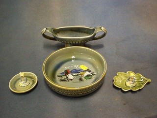 A Wade Shamrock pottery twin handled vase 8", a circular Irish porcelain bowl 7" and 2 leaf shaped ashtrays