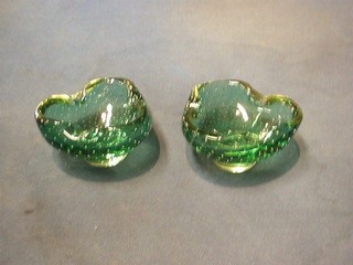 2 Whitefriars style green glass ashtrays  4"