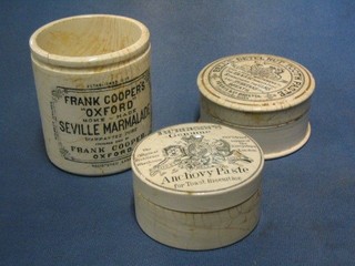 A Victorian  circular Burgess's anchovies jar 3", a Bells Beatle nut toothpaste jar and cover 4" and a Frank Coopers Oxford Seville marmalade jar (no lid)