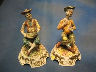 A pair of Capo di Monte style biscuit porcelain figures  of seated gentleman 12"