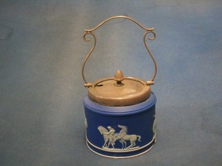 A circular Wedgwood blue Jasperware biscuit barrel with silver plated mounts (some chips to base) 4"