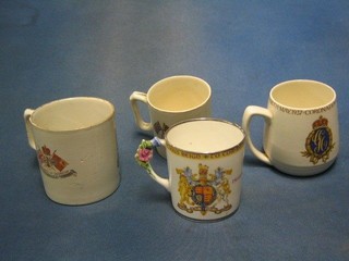 An Edward VII and Queen Alexandra Coronation mug, a George V and Queen Mary Coronation mug, do. Jubilee mug and a George VI Coronation mug