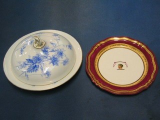 A circular 19th Century porcelain plate with armorial decoration and gilt and red banding 8" and a Worcester blue glazed muffin dish and cover