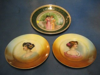 A Berlin style porcelain plate with green and gilt banding decorated ladies 11", together with 2 other Continental porcelain plates 9 1/2"