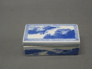 An Oriental rectangular pottery jar and cover 7", 3 Oriental blue and white plates (f and r) 9" etc
