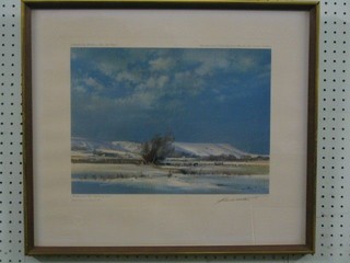 After Frank Wootton, a limited edition coloured print "Alciston and Firle Beacon in the Snow" no. 57/850 with blind proof stamp, signed in the margin 11" x 15"