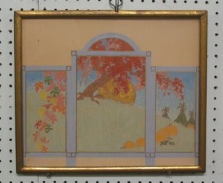 A 1930's impressionist Oriental watercolour in 3 panels, the with arch depicting rising sun and trees 10" x 12"