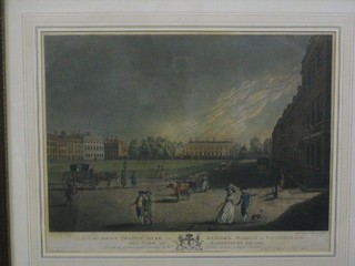 An  18th Century coloured print from a drawing by  E Dayes and engraved by R Pollard & F Tukes and dedicated to His Grace Francis Duke of Bedford Marquis of Tavistock "A View of Bloomsbury Square" 17" x 22"
