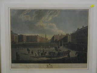A 18th Century coloured print from a drawing by E Dayes, engraved by R Pollard & F Tukes, dedicated to the Right Honourable Francis Godolphin Marquis of Caermarthen Baron Osborne "A View of Hanover Square" 16" x 21" (crease down the middle)
