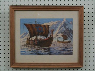 W McDowell, watercolour "Two Viking Long Ships" 7" x 10"