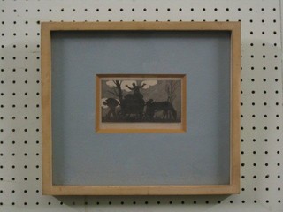 A 19th/20th Century wood cut of figures with cart, indistinctly signed in the margin 3" x 5"