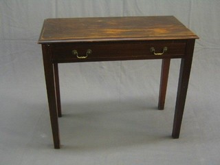 A 19th Century rectangular mahogany side table, fitted a frieze drawer with brass swan neck drop handles, raised on square tapering supports 36"
