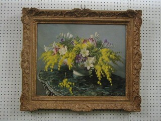 After Vernon Ward, a coloured print, still life study "Vase of Flowers" 15" x 19" contained in a decorative gilt frame