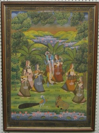Indian painting on silk "Wedding Scene with Figures and Attendants" 27" x 19"