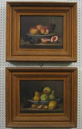S Perez, a pair of oil paintings on canvas, still life studies "Bowl of Apples, Grapes and Pears" and a "Bowl of Peaches with Glass of Wine" 9" x 12" signed