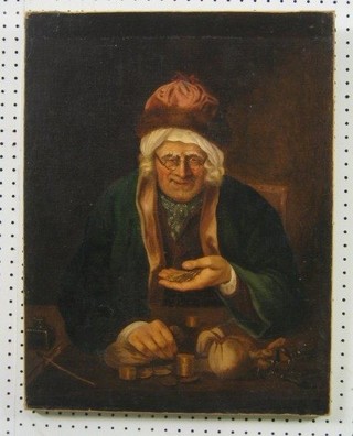 An Old Master style oil painting on canvas "Figure of a Seated Money Lender with Coins" bears signature, the reverse with plate marked Dionits Van Nymegen 1705-1798 22" x 17" (bought at a car boot sale)