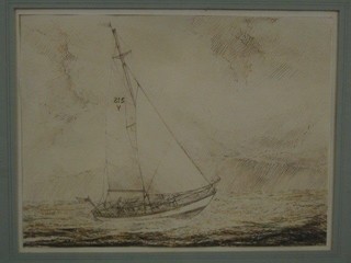 L Sandy, pencil sketch "British Racing Yacht in Full Sail" (sails marked 215Y) 11" x 14"