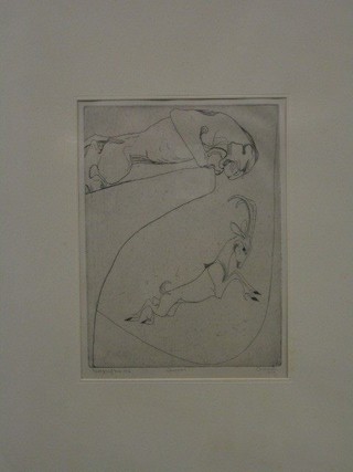 Curves S. Orovida (Pisarro) 1919, "Figure with Goat" dated '46, 8" x 6"