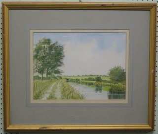 L J Long, watercolour "Canal Scene"