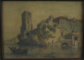 A 19th Century watercolour and wash study "Castle with Figures" monogrammed SRB in keystone of bridge 12" x 16"