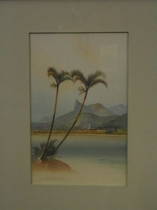 Fouriqur Faldjetissidi, watercolour "Bay with Palm Trees" 9" x 6"