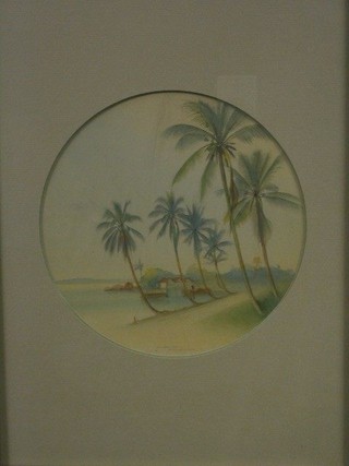 Fouriqur Faldjetissidi, watercolour "Rio De Janeiro? Bay with Buildings, Beach and Palm Trees"  7" circular