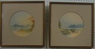 Fouriqur Faldjetissidi, a pair of watercolours "Seascapes with Rocky Outcrops" 7" circular, signed
