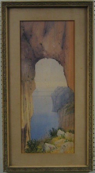 Watercolour "Coastal Scene, Viewed Through Cliffs" 21" x 8"