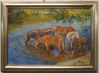 Andriy Yalansryi, Russian School, oil on canvas "Horses Watering" 17" x 25"