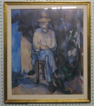 An impressionist coloured print "Seated Man with Straw Hat, Sat on Stool" 19" x 15"