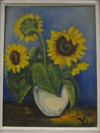 Oil painting on canvas "Vase of Sun Flowers" indistinctly signed 24" x 19"