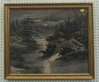 A 1930's Oriental painting on silk (cord-velvet work) "Moonlit Landscape" 16" x 20"