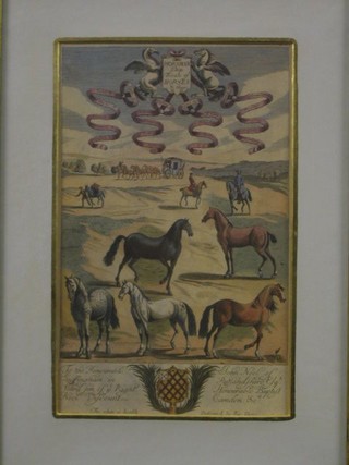 An 18th/19th Century coloured print to The Honourable John Nole of Suffingham in Rutland, "Horsmanship Treats of Horses" 14" x 8" contained in a maple frame