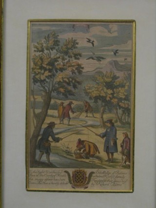 An 18th/19th Century coloured print "Angling" to The Right Worshipful StJohn Bellen of Belleirs "Angling" 14" x 9" contained in a maple frame