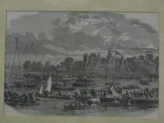 A 19th Century monochrome print "The Female Blondin Crossing the Thames on a Tight Rope" 9" x 13"