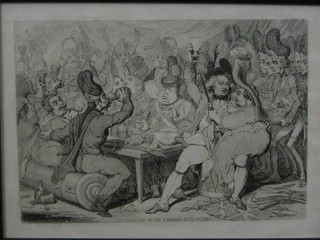 A reproduction 18th Century monochrome Lampoon print "Fatigues of The Campaign in Flanders" 14" x 20"