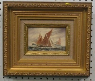 Oil painting on board "Barges" 3" x 4" contained in a gilt frame
