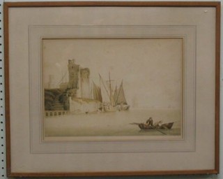 An 18th/19th Century watercolour drawing "Harbour Scene with Ships, Tenders etc" 10" x 13"
